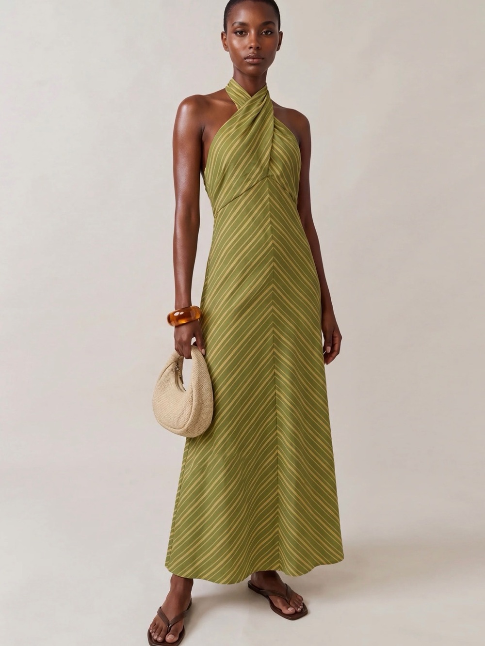 Few Moda o.p.t NWT Noelle 100% Cotton Citrus Striped Green Halter Maxi Dress